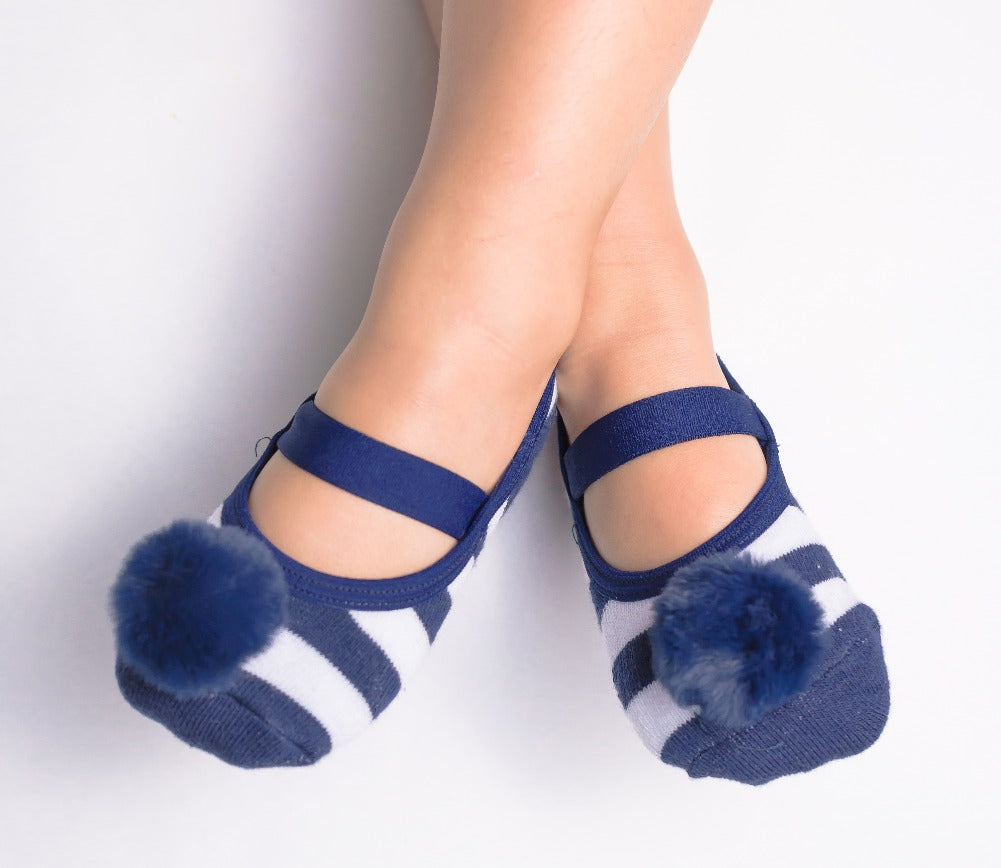 Navy Stripes with faux fur pompom image 0