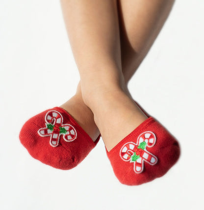 A Perfect Holiday Pair: Kids Black & Red Faux Fur Pompom and Candy Cane Tiptoes Slipper Socks